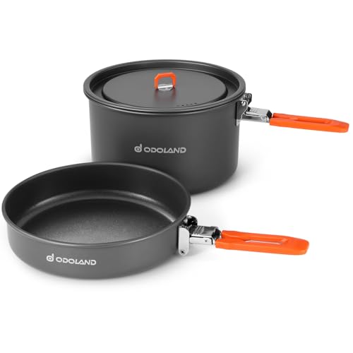 Odoland Camping Cookware Mess Kit, Non-Stick Lightweight Camping Pot and Fry Pan Set with Mesh Bag for Backpacking, Outdoor Cooking and Picnic - size: 1.9L Pot + 0.86L Fry Pan
