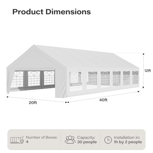 LAUSAINT HOME 20x40 Party Tent, Heavy Duty Waterproof Canopy with Removable Sidewalls & Roll-Up Door, Large White Event Shelter with Steel Frame for Wedding, Backyard, BBQ, Camping, for 50–80 People - size: 20x40