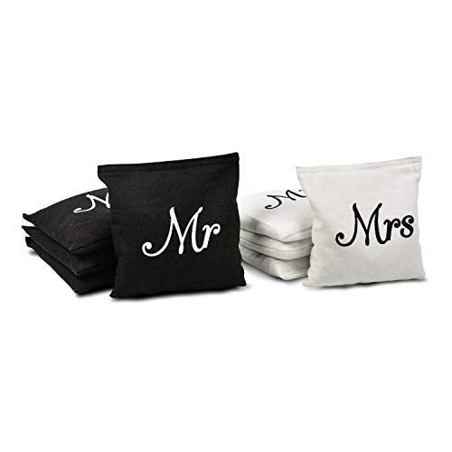 GoSports Wedding Theme Cornhole Bag Set - Includes 4 Black Mr Bags and 4 White Mrs Bags