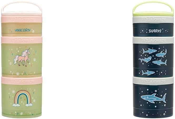 Whiskware Stackable Snack Containers for Kids, Set of 3 Stackable Snack Cups, Unicorn and Sharks Designs