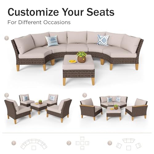 PHI VILLA Half Moon Patio Furniture Set with 56" Fire Pit Table, Outdoor Curved Wicker Sectional Sofa with Cushions and Ottomans, Beige - color: Beige+fire Pit, size: 5 Seats - Half Moon