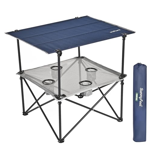 SUNNYFEEL Folding Camping Table- Collapsible Portable Beach Table with 4 Cup Holders & Carry Bags, Tailgate Table for Outdoor Excursion Picnic Hiking Fishing Travel Parties, Blue