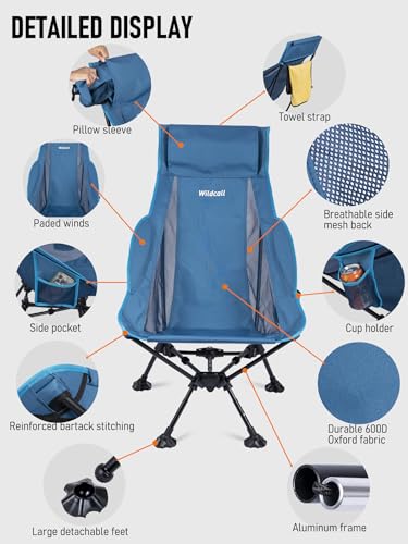 WildCall Lightweight Folding High Back Camping Chair with Head Support, Compact Beach Chair with Anti-Sinking Large Feet and Three Tilt Angles Adjustment - color: 1 X Blue High Back