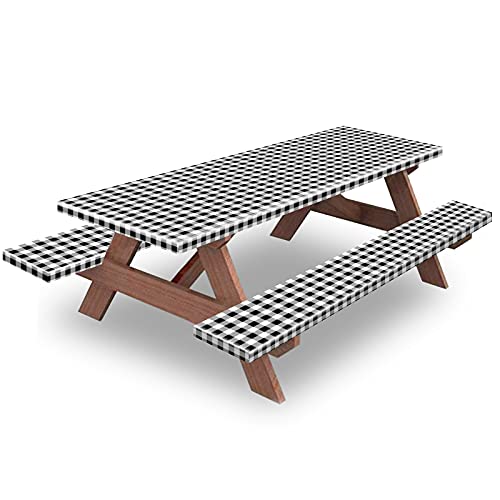 8ft Picnic Table and Bench Cover, Camping Essentials RV Gear, 96 in Waterproof Windproof Outdoor Elastic All Around Tablecloth, Fitted Rectangle Tables and Seats, Black-White Checkered - color: Black-white Checkered, size: 96"
