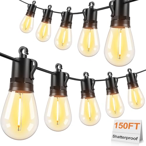 Brightever 150FT Outdoor String Lights, Patio Lights with 45+2 S14 Shatterproof E12 Base LED Bulbs, Outside Hanging Decorative Lights Waterproof for Porch, Balcony, Backyard, Bistro, 2700K Dimmable - size: 150ft