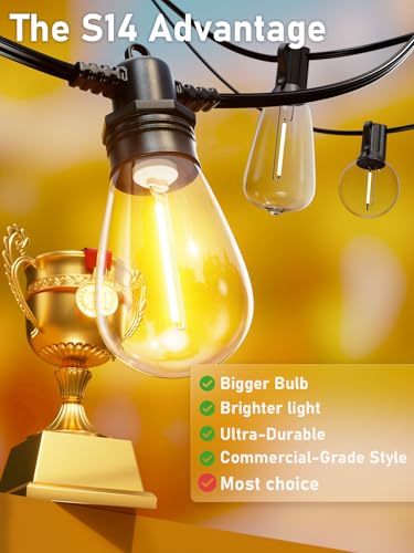 50FT LED Outdoor String Lights with 15 Edison Shatterproof IP65 Waterproof Bulbs, 2700K Dimmable Commercial Grade Patio Lights, Heavy Duty Outside Hanging Lights for Garden Porch Deck Decor - size: 50 Ft