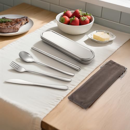 Travel cutlery set, 18/8 stainless steel cutlery, Reusable utensils set with case, Portable Silverware Lunch Box for Camping and Office (Stainless Steel)