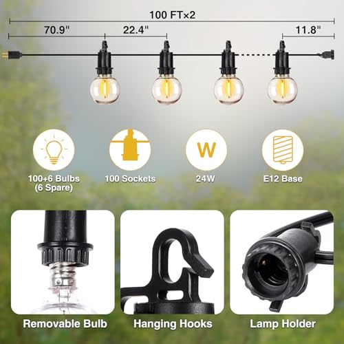 ZJOJO 200FT Outdoor String Lights, G40 Globe Outdoor Lights with 100 Shatterproof LED Bulbs 2700K, IP65 Waterproof Patio Light String Lights for Outside Backyard Porch Party - size: 200FT-100