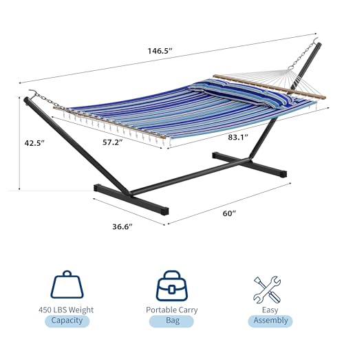 GarveeLife 57" 2 Person Outdoor Hammock, Widening Design Cotton Hammock with Metal Stand, Heavy Duty Construction, 450 LBS Weight Capacity, Blue - color: Blue