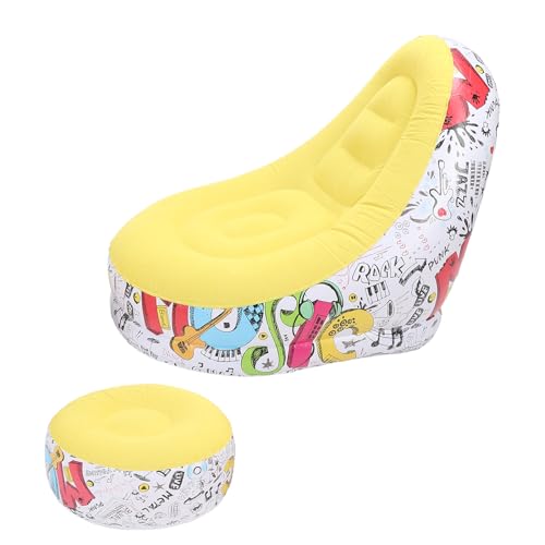 Pomya Foldable Air Lounger Chair with Foot Stool | Inflatable Sofa Bed for Beach, Camping, Outdoor - Flocking Fabric Design (Yellow) - color: Yellow