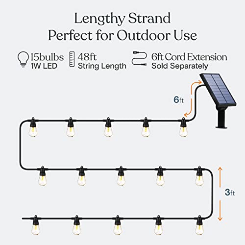 Brightech Ambience Pro Solar Powered Outdoor String Lights - Commercial Grade Patio Lights with 48 Ft Edison Bulbs - Shatterproof LED Solar Lights for - 1W LED, Warm White Light - style: Bright (1W) Manual Control 48 FT
