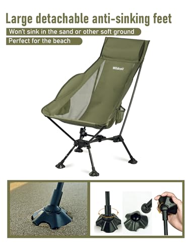 WildCall Lightweight Folding High Back Camping Chair with Head Support, Compact Beach Chair with Anti-Sinking Large Feet and Three Tilt Angles Adjustment - color: 1 X Green High Back