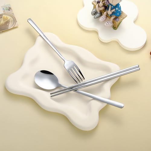 DEVICO Travel Utensils with Case Cute, Reusable Silverware for Lunch, Portable Cutlery Set, 18/8 Stainless Steel Fork Spoon Chopsticks in Cartoon Case, Dishwasher Safe (White) - color: White
