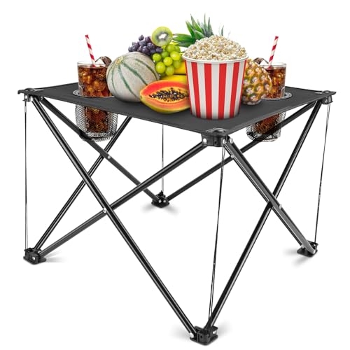 KOCASO 1Pc Foldable Camping Table Portable Picnic Table Lightweight Travel Desk with 2 Cup Holders Carrying Bag - color: Black