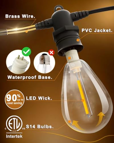 100FT LED Outdoor String Lights with 30 Edison Shatterproof IP65 Waterproof Bulbs, 2700K Dimmable Commercial Grade Patio Lights, Heavy Duty Outside Hanging Light for Garden Porch Deck Decor - size: 100 FT