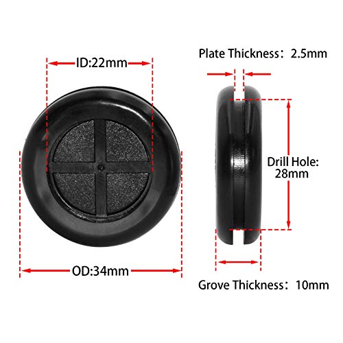 Flyshop Black 28mm 1-1/8" Rubber Grommet, 22mm 7/8" ID, Drill Hole Grommets Synthetic Rubber Plug Wire Protection, Round, Double-Sided, 4-Pack (Size 22mm x 28mm) - size: 1-1/8" (28mm) Drill Hole