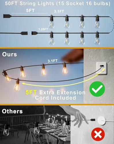 50FT LED Outdoor String Lights with 15 Edison Shatterproof IP65 Waterproof Bulbs, 2700K Dimmable Commercial Grade Patio Lights, Heavy Duty Outside Hanging Lights for Garden Porch Deck Decor - size: 50 Ft