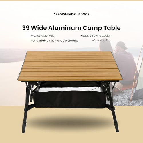 ARROWHEAD OUTDOOR 39" Aluminum Folding Camp Roll Up Table w/Adjustable Height, Undertable Mesh Storage, Carry Bag - color: Wood Grain