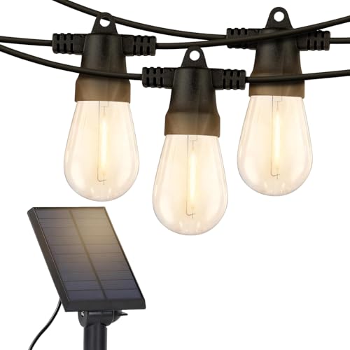Brightech Ambience Pro Solar Powered Outdoor String Lights - Commercial Grade Patio Lights with 48 Ft Edison Bulbs - Shatterproof LED Solar Lights for - 1W LED, Warm White Light - style: Bright (1W) Manual Control 48 FT