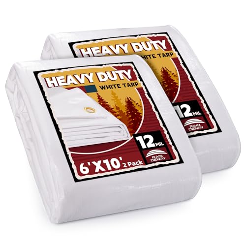 RAINDEWAY 12 Mil Heavy Duty White Tarp 6x10 Feet (2 Pack), UV Resistant, Waterproof, Weatherproof Poly Tarp with Metal Grommets and Reinforced Edges - color: White, size: 6x10 Feet (2-Pack)-Finished size