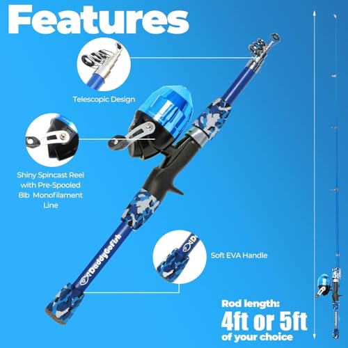 DaddyGoFish Kids Fishing Pole - Rod Reel Combo Tackle Box Starter Set - First Year Small Gear Kit for Boys Girls Toddler Youth Age Beginner Little Children - color: Blue (Essential Set), size: 5ft