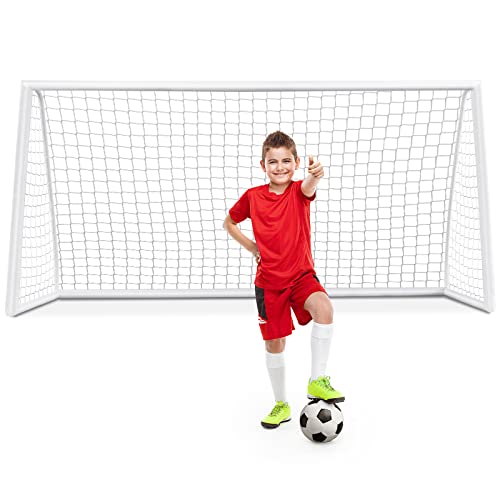HONEY JOY 12FT x 6FT Soccer Goal for Backyard, Heavy Duty Steel Frame Soccer Net for Kids, Easy Setup, Ground Stakes, Portable Weather Resistant Football Shooting Training Aid, Gift for Kids