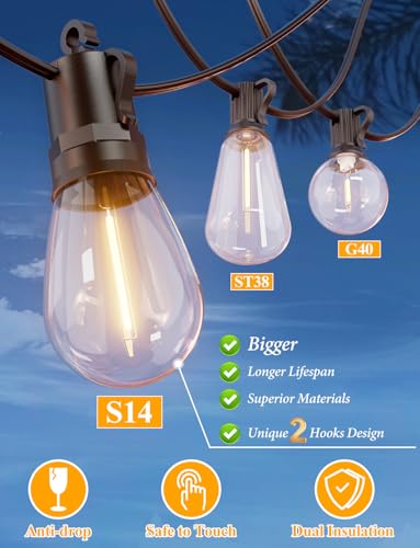 Brightever 150FT Outdoor String Lights, Patio Lights with 45+2 S14 Shatterproof E12 Base LED Bulbs, Outside Hanging Decorative Lights Waterproof for Porch, Balcony, Backyard, Bistro, 2700K Dimmable - size: 150ft