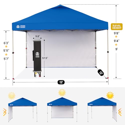 CROWN SHADES 12x12 Pop Up Canopy Tent Instant Commercial with 150D Silver Coated Fabric Including 1 Removable Sidewall, 4 Ropes, 8 Stakes, Weight Bags, STO 'N Go Bag, Blue - color: Blue, size: 12x12FT