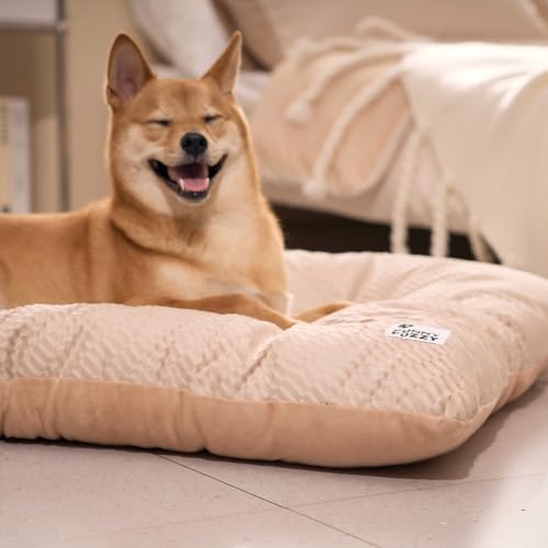 FUNNY FUZZY 30x20 Washable Dog Bed Crate Mat, 2 in1 Pet Pillow Sleeping Bed, Fluffy Deluxe Kennel Mattress for Medium Dog and Cat,Charcoal Grey,M,Beige - color: Beige, size: 30"×19" Medium