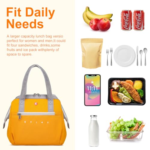ETidy Fashionable & Lightweight Reusable Lunch Bag Large Capacity Waterproof & Leak Proof Lunch Box Insulated Cooler Lunch Tote For Women Adult To Work Travel Outdoor(Yellow) - color: Yellow