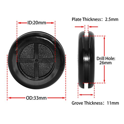 Flyshop 4-Pack Round Double-Sided Black 26 mm 1-1/32" Rubber Grommet, 20 mm 13/16" ID, Hole Grommet Synthetic Rubber Grommets Wire Protection - size: 1-1/32" (26mm) Drill Hole