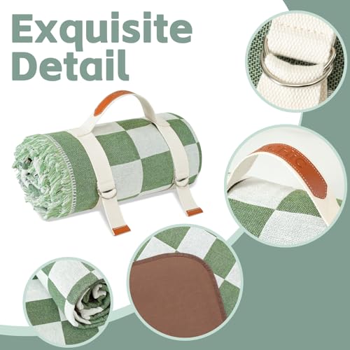 2 in 1 Extra Large Outdoor Picnic Mat Woven Summer Throw Blanket Boho Giant Beach Travel Essential Yoga Accessories Park Patio Lawn Garden Grass Ground Play Music Festival Concert Must Have - color: Checkered Green