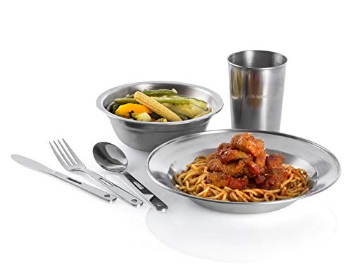 Unique Complete Messware Kit Polished Stainless Steel Dishes Set| Tableware| Dinnerware| Camping| Includes - Cups | Plates| Bowls| Cutlery| Comes in Mesh Bags - style: 2 Person Set Orange