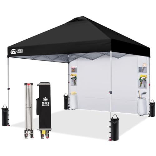 CROWN SHADES Canopy Tent, 10 x 10 Foot Portable Pop Up Outdoor Shelter with Pocket Sidewall, Push Center Lock, UV Protection, and Carry Bag, Black - color: Black