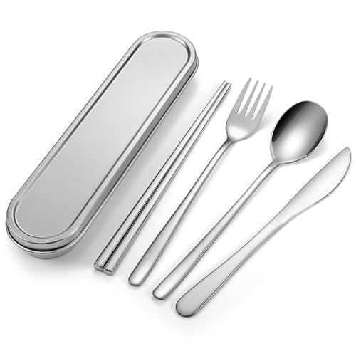 Travel cutlery set, 18/8 stainless steel cutlery, Reusable utensils set with case, Portable Silverware Lunch Box for Camping and Office (Stainless Steel)