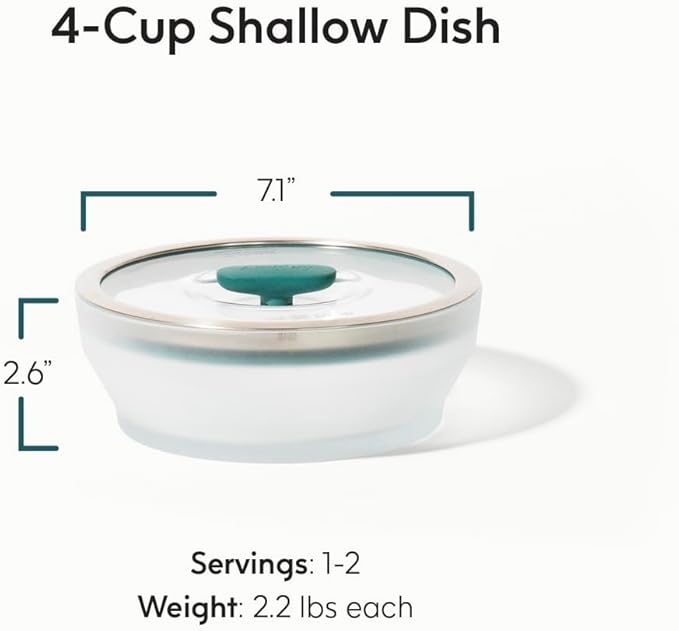 Anyday 4-Cup Microwave Cookware & Glass Container with Glass Lid, Plastic-Free Shallow Food Storage | Stackable Airtight Steamer with Vented Lid for Microwave-Safe Reheating, Steaming Vegetables