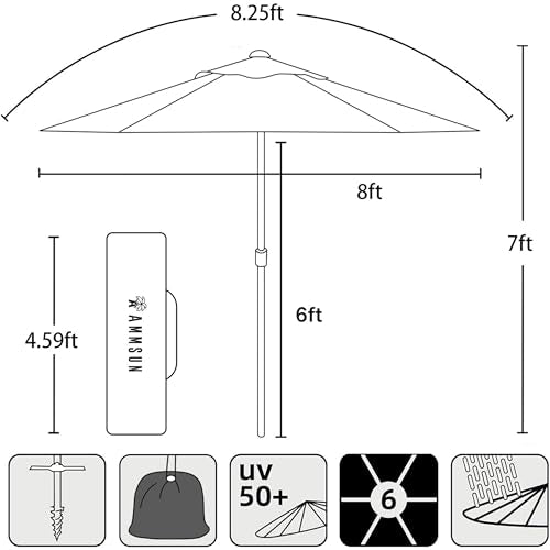 AMMSUN 8ft Heavy Duty High Wind Commercial Grade Patio Beach Umbrella with Separate Sand Anchor Air Vent Carry Bag Fiberglass Ribs without Tilt Outdoor umbrellas for sands Yellow - color: Yellow