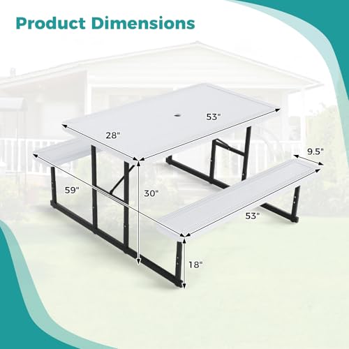 LDAILY Picnic Tables with Benches, Rectangular Dining Table Set for Outside 4 People, HDPE Tabletop, Metal Frame, Umbrella Hole, Heavy Duty Picnic Table for Outdoors, Patio, Lawn, Commercial (White) - color: White