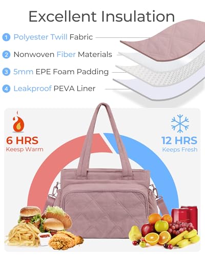 Large Lunch Tote Bag for Women with Multi-Pockets Puffy Light Durable Insulated Lunch Bag Women - color: Brown
