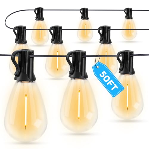 GvvooHome LED Outdoor String Lights, 50FT Waterproof Patio Lights with 16 Shatterproof S11 Plastic Bulbs, 2700K Warm White Edison Hanging Lights for Backyard, Garden, Porch, Bistro - size: 50FT