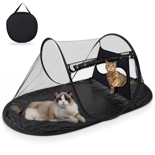 Tailtastic Outdoor Cat Tent with Removable Interactive Fabric,Outdoor Cat Enclosures for Indoor Cats, Portable Pet Playpen Ideal for Hiking, Traveling, and Sunbathing-Black