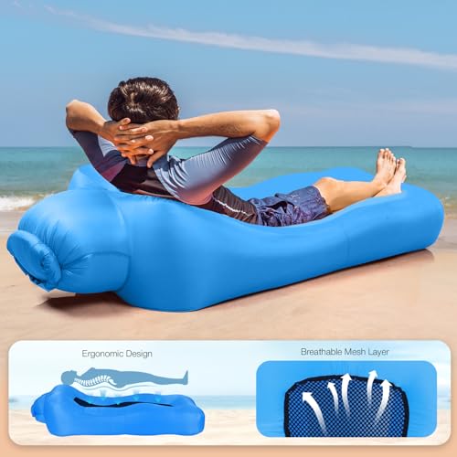 Inflatable Couch Air Lounger for Adults, Ultralight Portable Blow up Couch Air Sofa, Inflatable Beach Lounger Bed for Camping Hiking Festival Backyard Lawn, No Pump Required - color: Sky Blue
