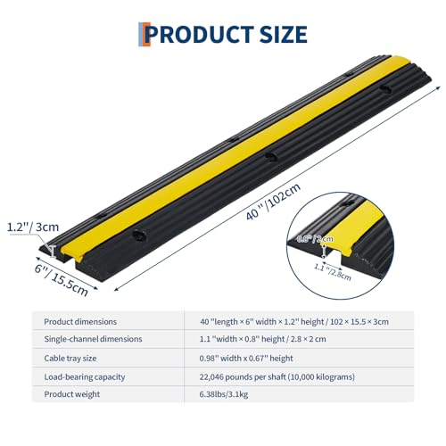 4 Pack of 1-Channel Rubber Cable Protector Ramps, Heavy Duty Floor Cord Cover with Yellow Warning Strips, 18000Lbs Load Capacity Outdoor Pipe and Cable Management, Driveway Protector for Ramps & Bumps