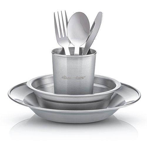 Unique Complete Messware Kit Polished Stainless Steel Dishes Set| Tableware| Dinnerware| Camping| Includes - Cups | Plates| Bowls| Cutlery| Comes in Mesh Bags - style: 2 Person Set Orange