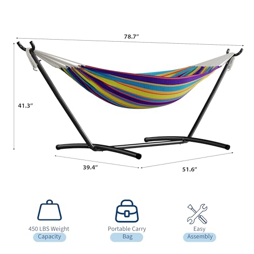 GarveeLife Double 2 Person Hammock, Indoor Outdoor Standing Hammock with Space Saving Steel Stand, Carry Bag, 450 LBS Weight Capacity, Suitable for Garden Camping Beach, Tropical - color: Tropical