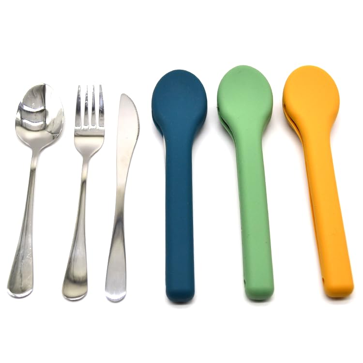Portable Silverware Utensils Set with Silicon Case (Aqua Blue), 3 pcs Stainless Steel Cutlery Set (Fork Spoon Knife) For Camping School Picnic Office Travel - color: Aqua Blue