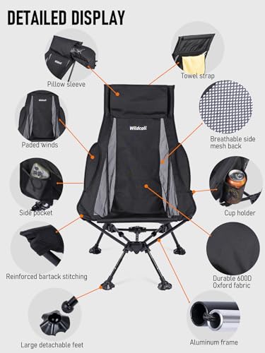 WildCall Lightweight Folding High Back Camping Chair with Head Support, Compact Beach Chair with Anti-Sinking Large Feet and Three Tilt Angles Adjustment - color: 1 X Black High Back