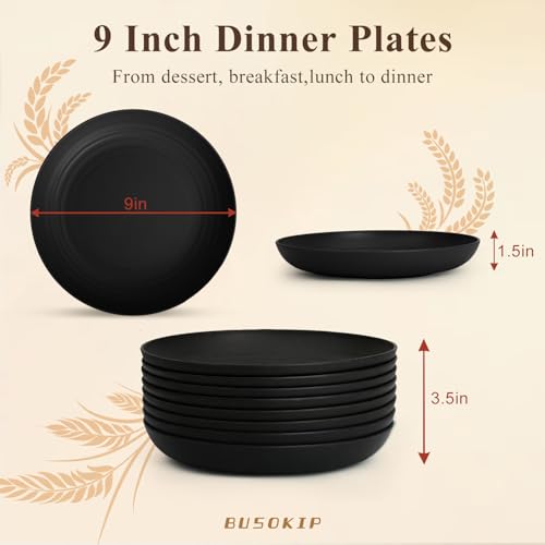 Dinner Plates 9 Inch, Wheat Straw Plates Set of 8, Alternatives to Plastic Plates Rusable, Unbreakable Serving Dishes, Microwave Safe Salad Plates for Breakfast, Lunch, Dinner - Black - color: Black, size: 9 inch