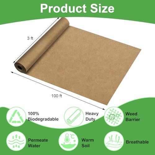 Biodegradable Paper Weed Barrier Roll, Thickened Tear Resistance Garden Weed Barrier Heavy Duty Garden Paper Weed Control Landscape Paper Mulch Weed Mat for Outdoor Garden Lawn (3 x 100 FT) - size: 3 x 100 FT