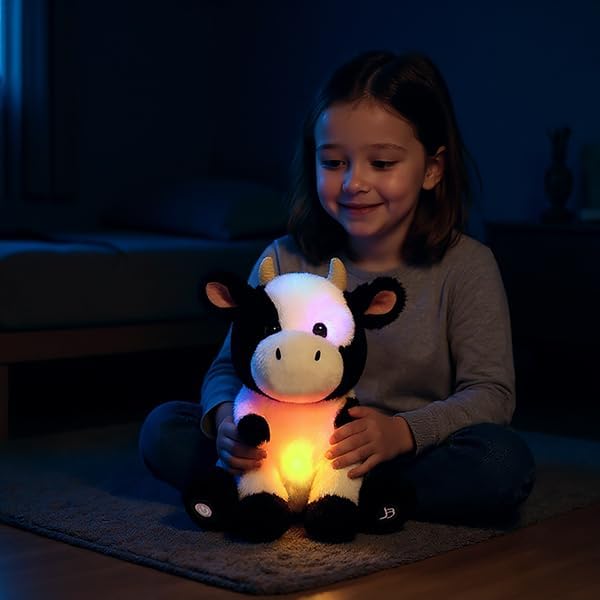 Cuteoy Light-up Singing Plush Cow LED Musical Stuffed Animal Adjustable Volume Lullaby Plushies Birthday Christmas Toy Gifts for Kids Toddler Girls, 13"